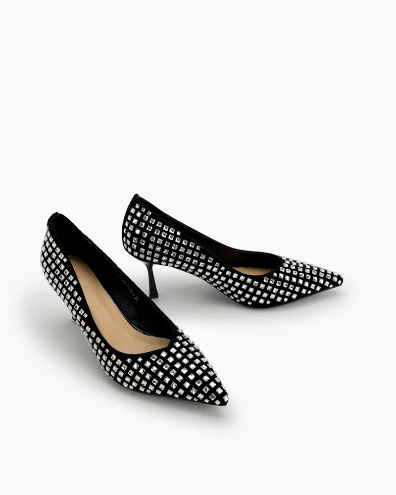 Rhinestone Decor Pointed Toe Black Stiletto Pumps