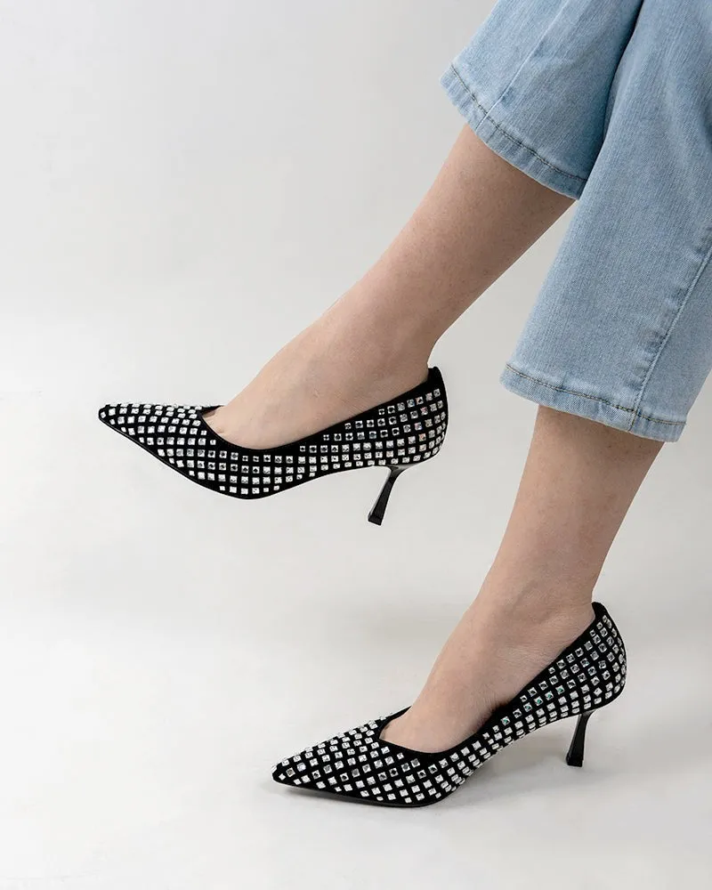 Rhinestone Decor Pointed Toe Black Stiletto Pumps