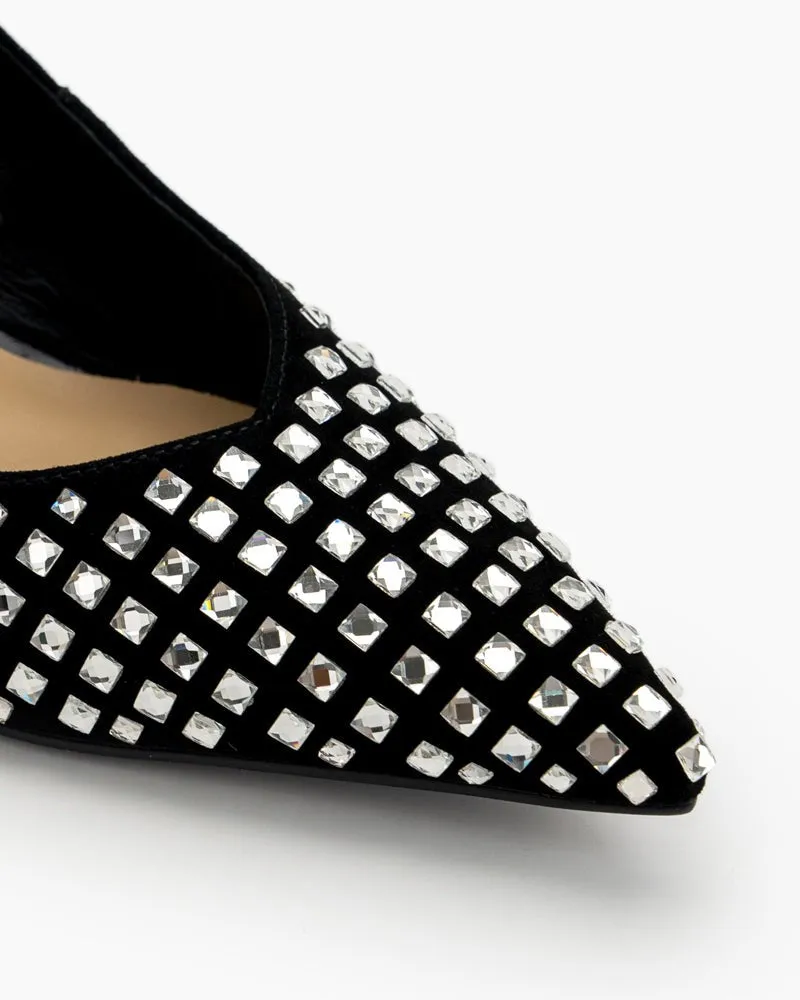Rhinestone Decor Pointed Toe Black Stiletto Pumps
