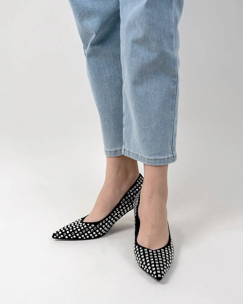Rhinestone Decor Pointed Toe Black Stiletto Pumps