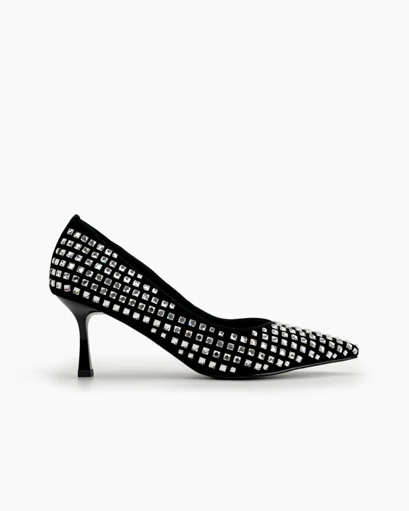 Rhinestone Decor Pointed Toe Black Stiletto Pumps