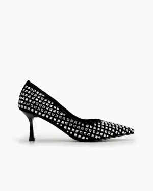 Rhinestone Decor Pointed Toe Black Stiletto Pumps