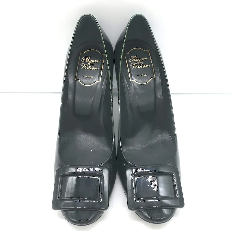 Roger Vivier Belle De Nuit Pumps Dark Green Iridescent Patent Leather Size 38