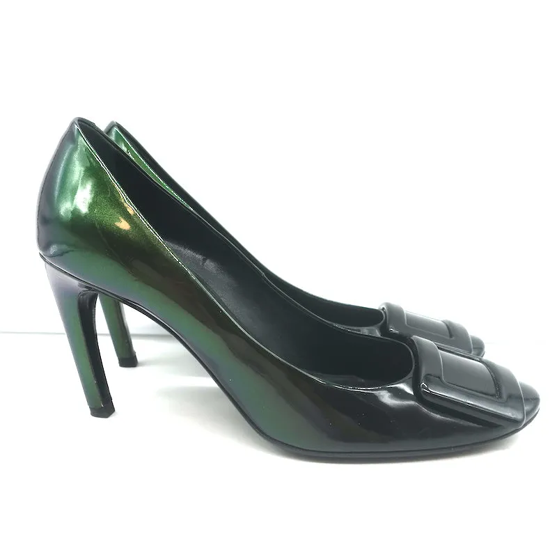 Roger Vivier Belle De Nuit Pumps Dark Green Iridescent Patent Leather Size 38