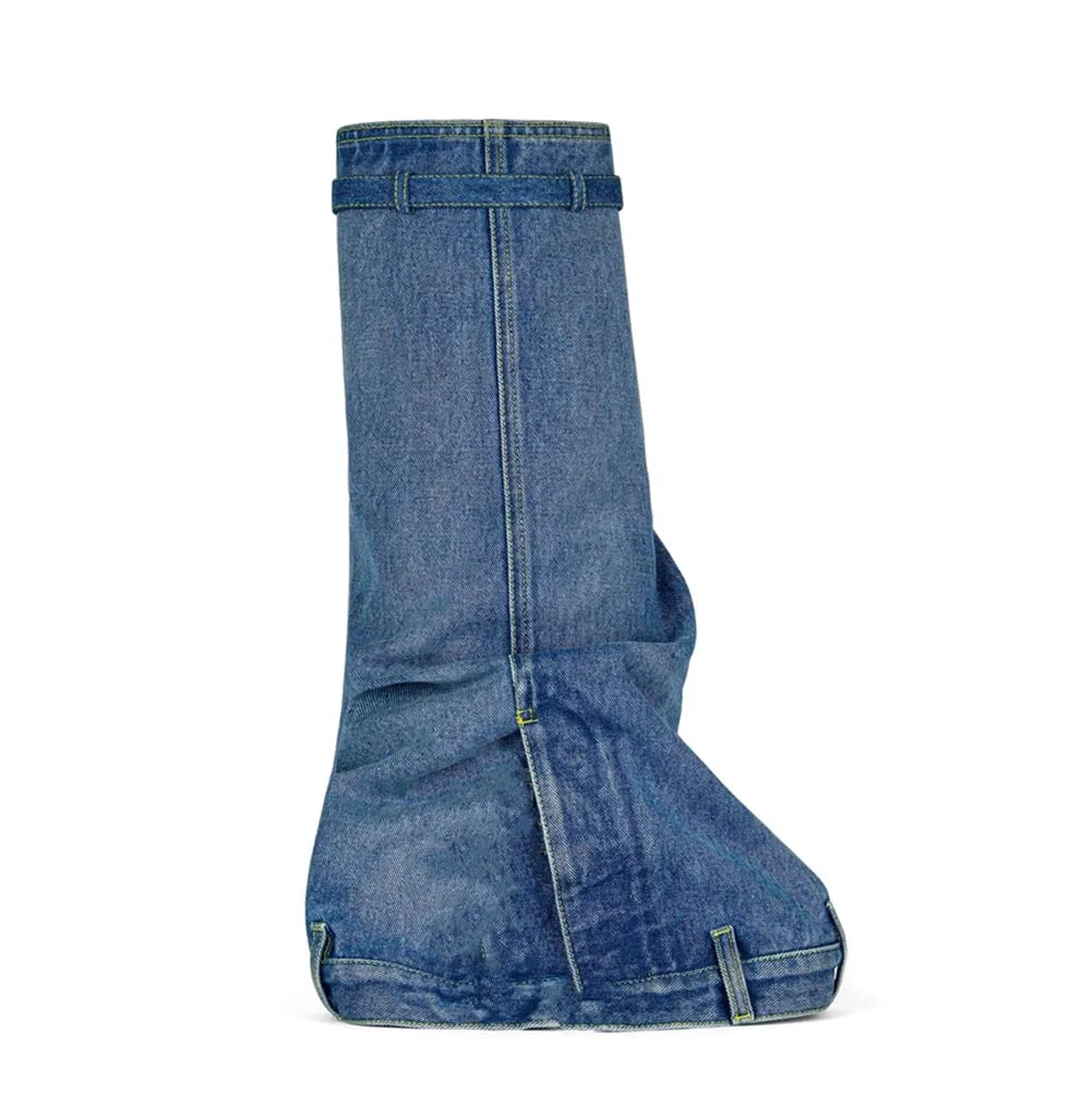 Round Toe Thick Wedge Heel Denim Boots