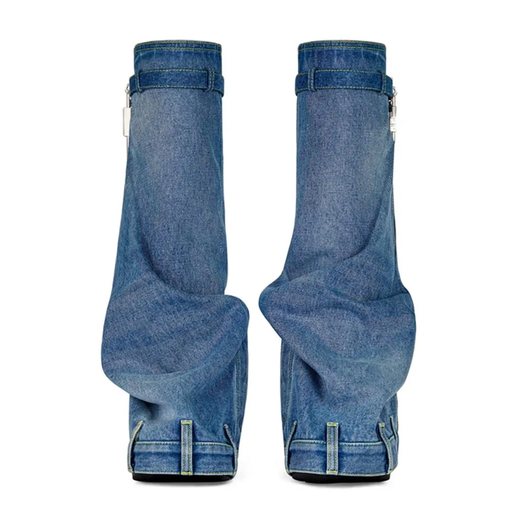 Round Toe Thick Wedge Heel Denim Boots