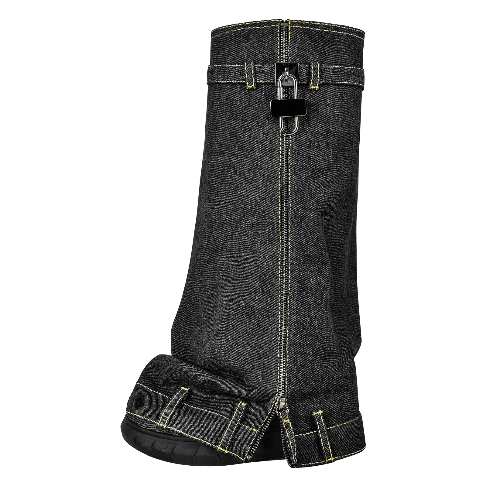 Round Toe Thick Wedge Heel Denim Boots