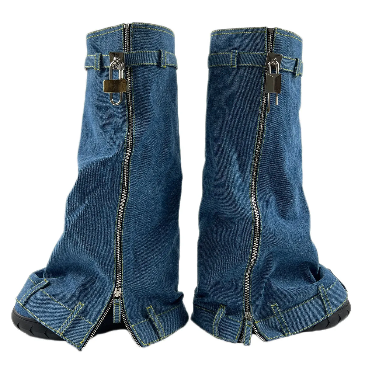 Round Toe Thick Wedge Heel Denim Boots