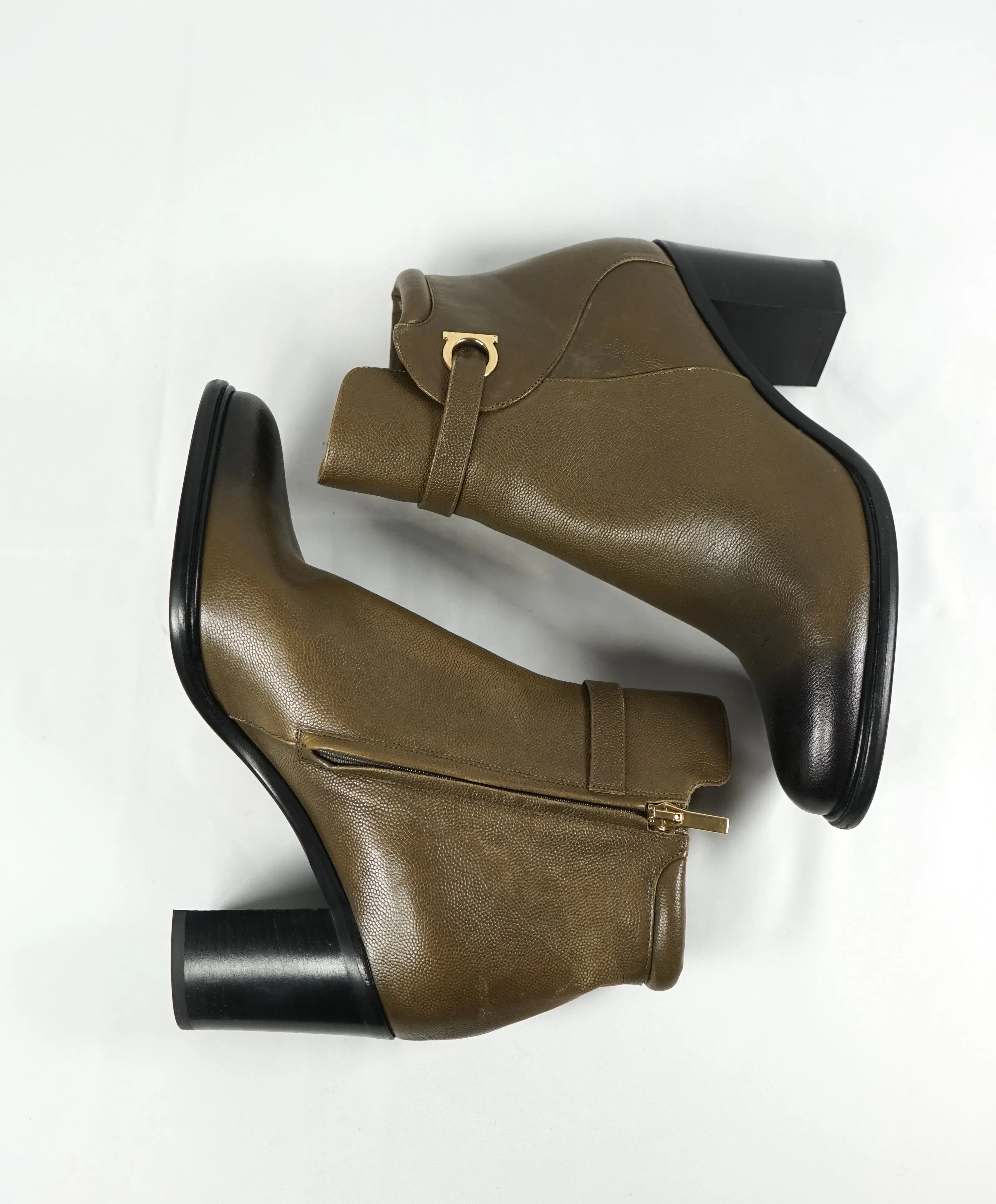 SALVATORE FERRAGAMO - 'Florian' Green Ombré Block-Heel Booties Gancini Logo- 8.5