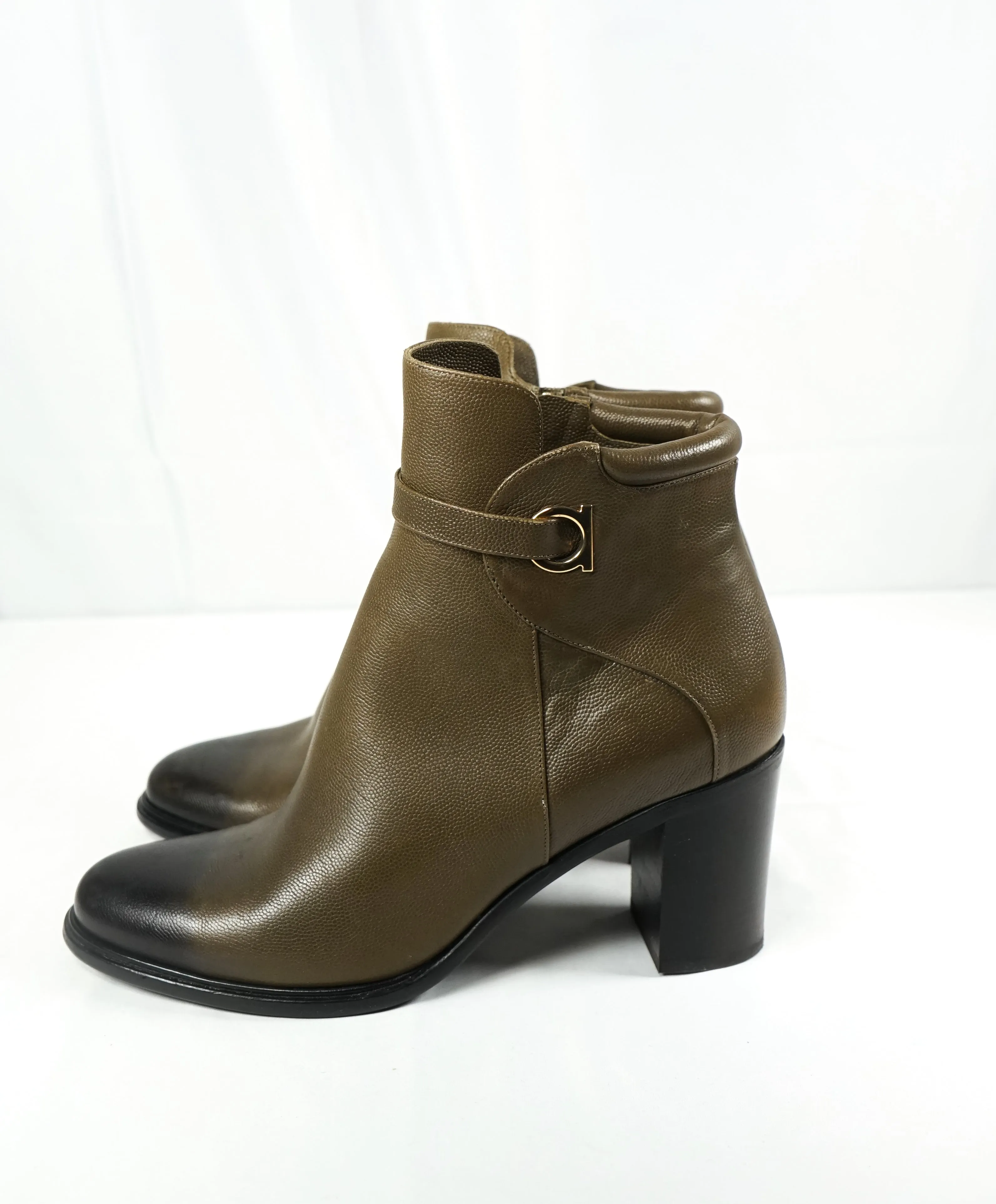 SALVATORE FERRAGAMO - 'Florian' Green Ombré Block-Heel Booties Gancini Logo- 8.5
