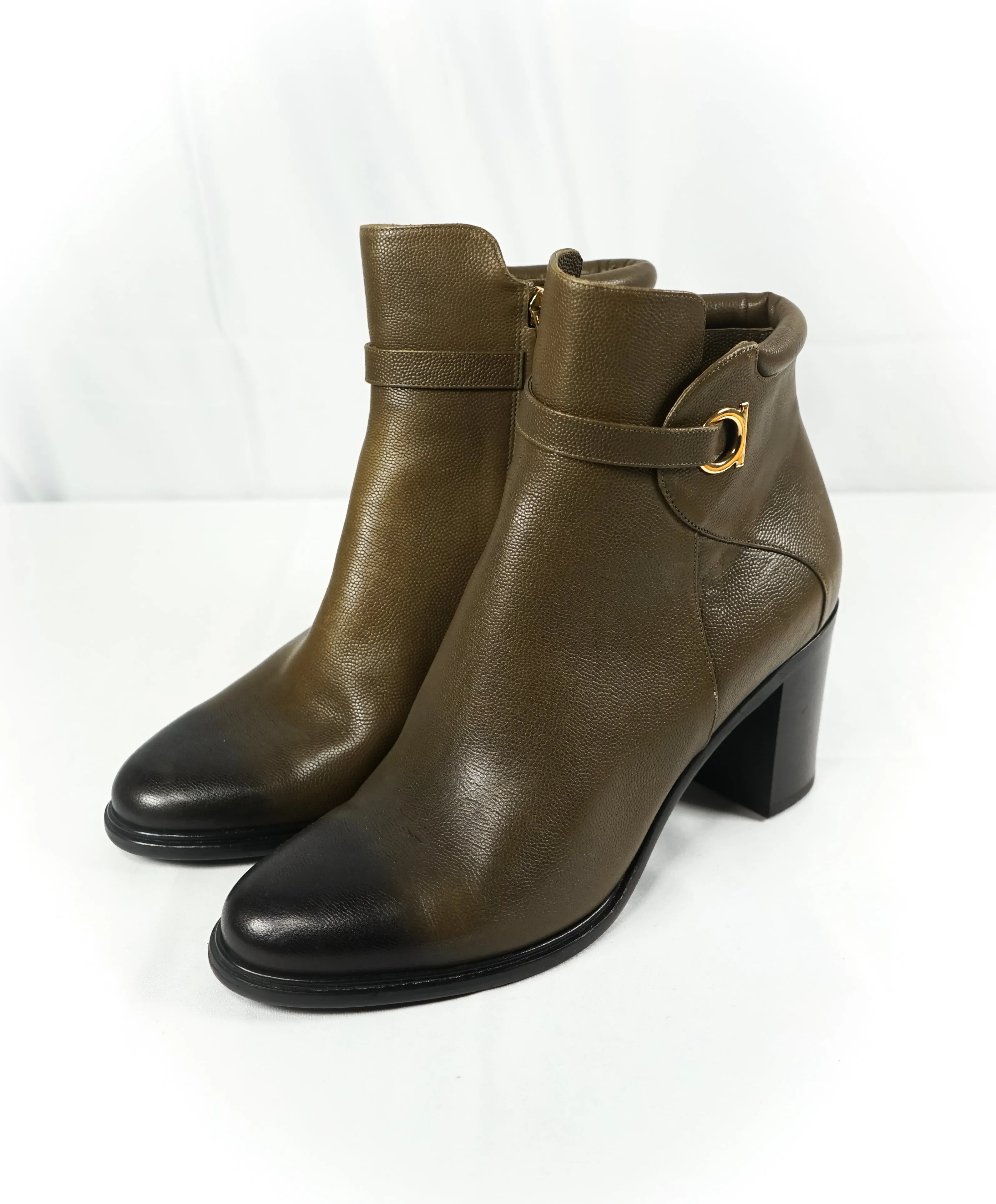 SALVATORE FERRAGAMO - 'Florian' Green Ombré Block-Heel Booties Gancini Logo- 8.5