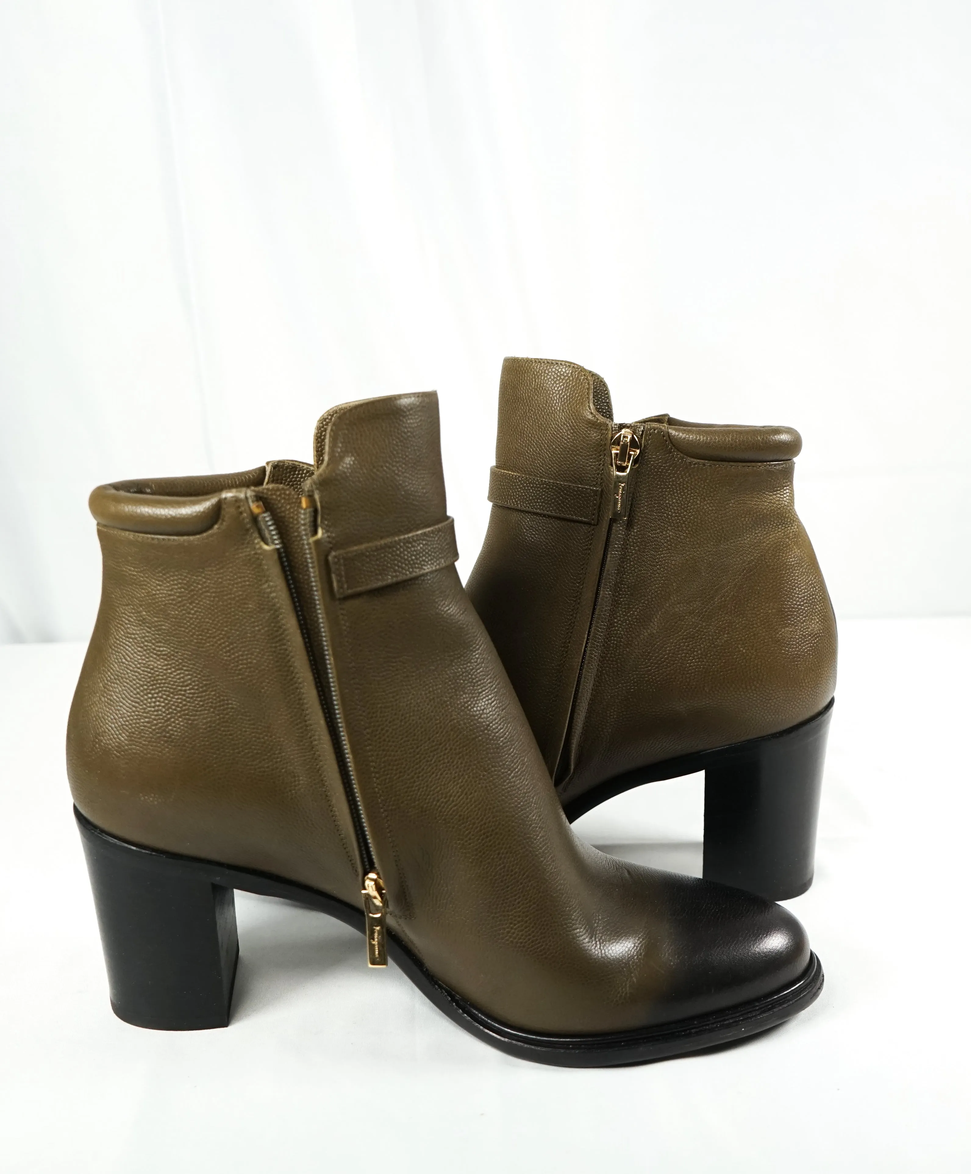 SALVATORE FERRAGAMO - 'Florian' Green Ombré Block-Heel Booties Gancini Logo- 8.5
