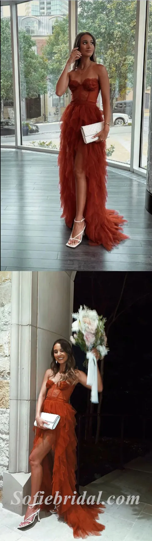 Sexy Rust Tulle And Lace Sweetheart Sleeveless Side Slit Mermaid Long Prom Dresses,SFPD0495