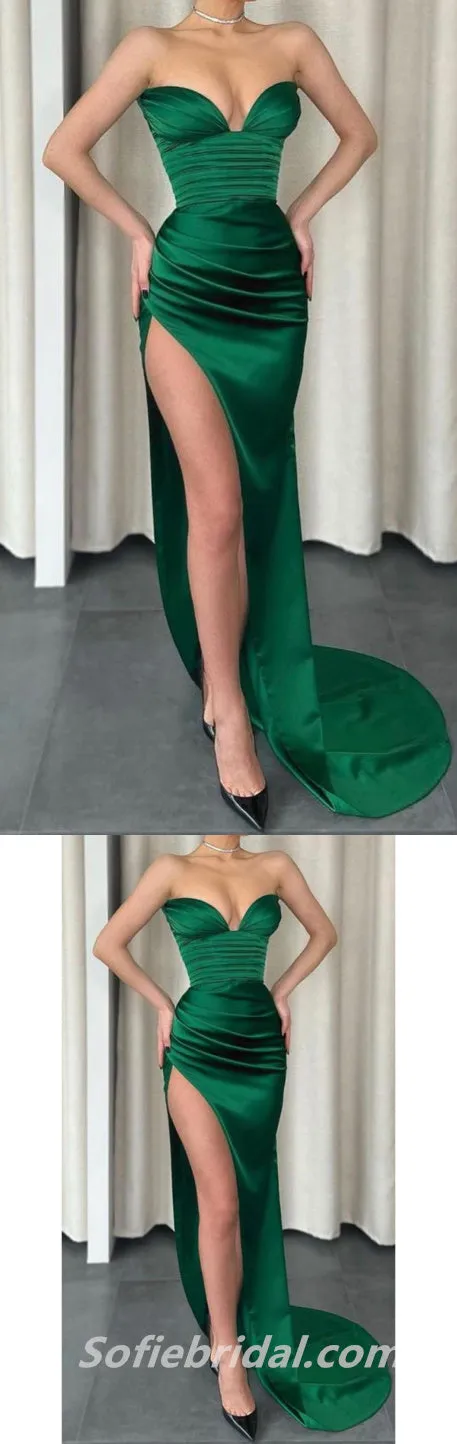 Sexy Satin Sweetheart Sleeveless V-Neck Side Slit Sheath Long Prom Dresses,SFPD0288