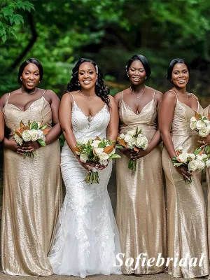 Sexy Shiny Special Fabric Spaghetti Straps V-Neck Sleeveless Mermaid Floor Length Bridesmaid Dresses, SFWG00540