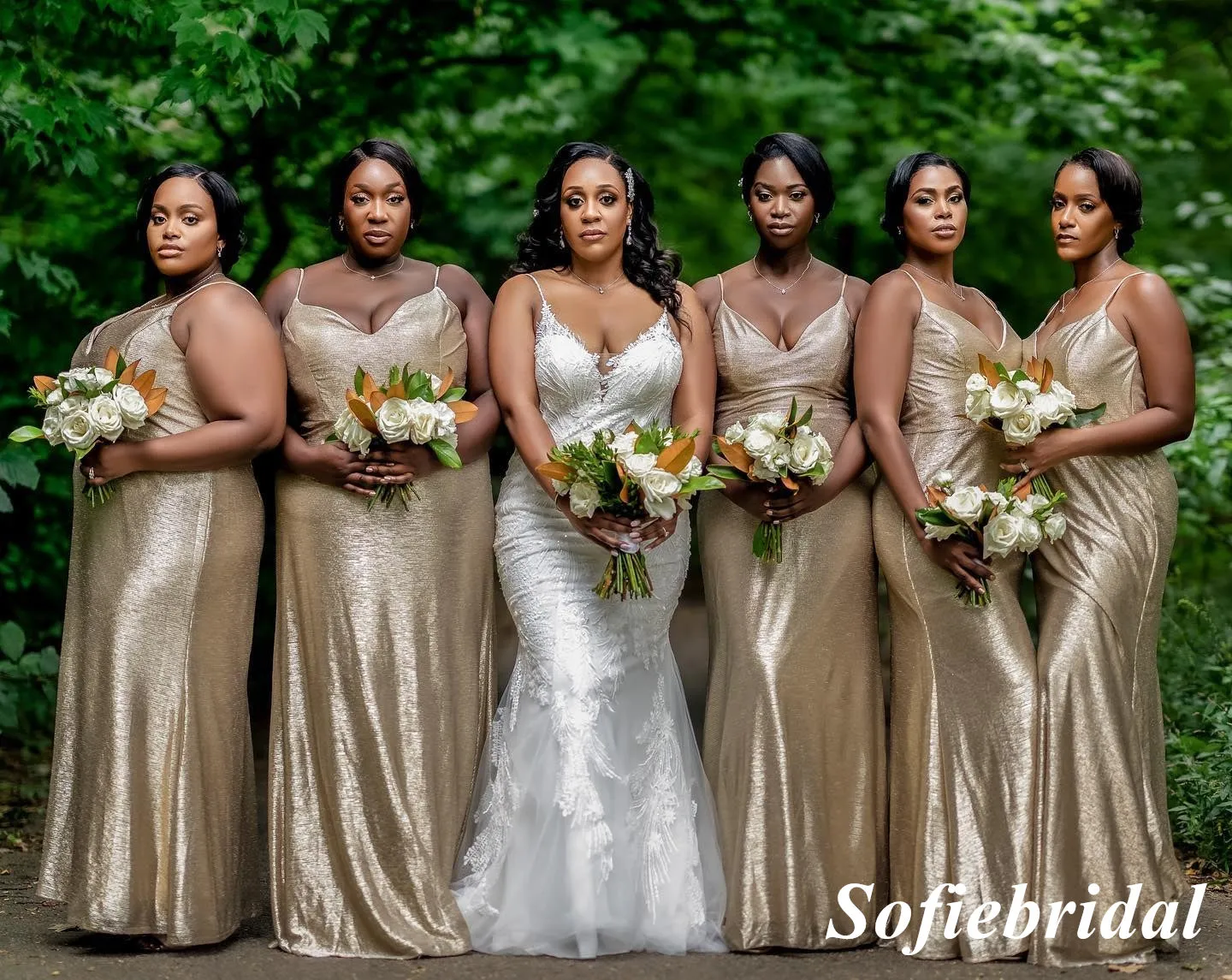 Sexy Shiny Special Fabric Spaghetti Straps V-Neck Sleeveless Mermaid Floor Length Bridesmaid Dresses, SFWG00540