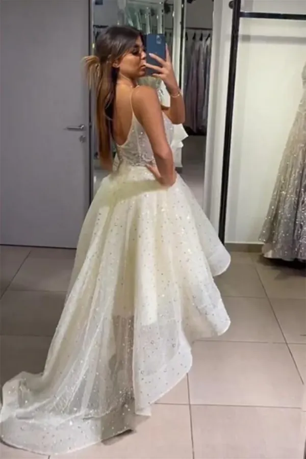 Shiny V Neck High Low Yellow Tulle Long Prom Dress, Graduation Evening Dress APP0714