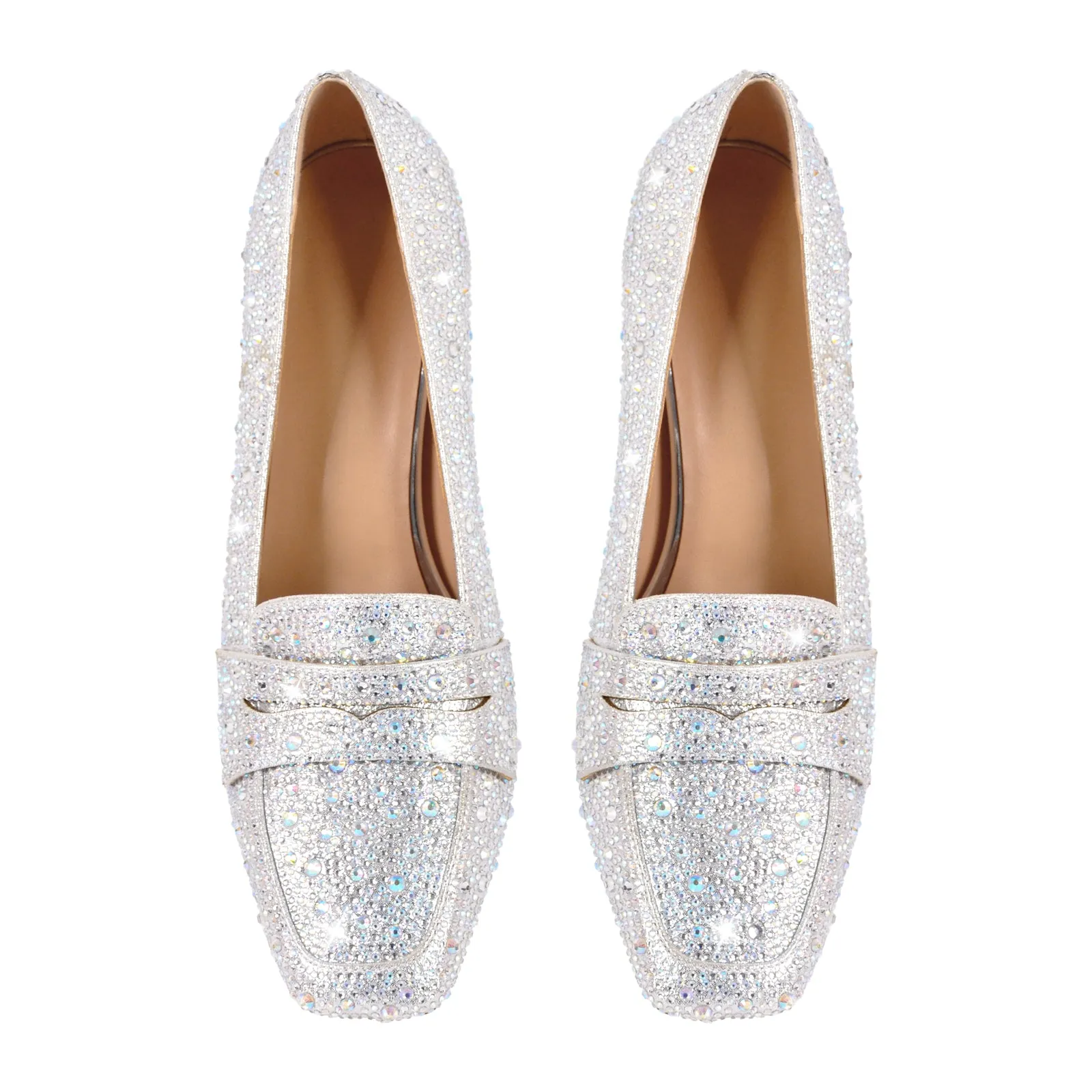Silver Rhinestone Square Toe Chunky Heel Pumps