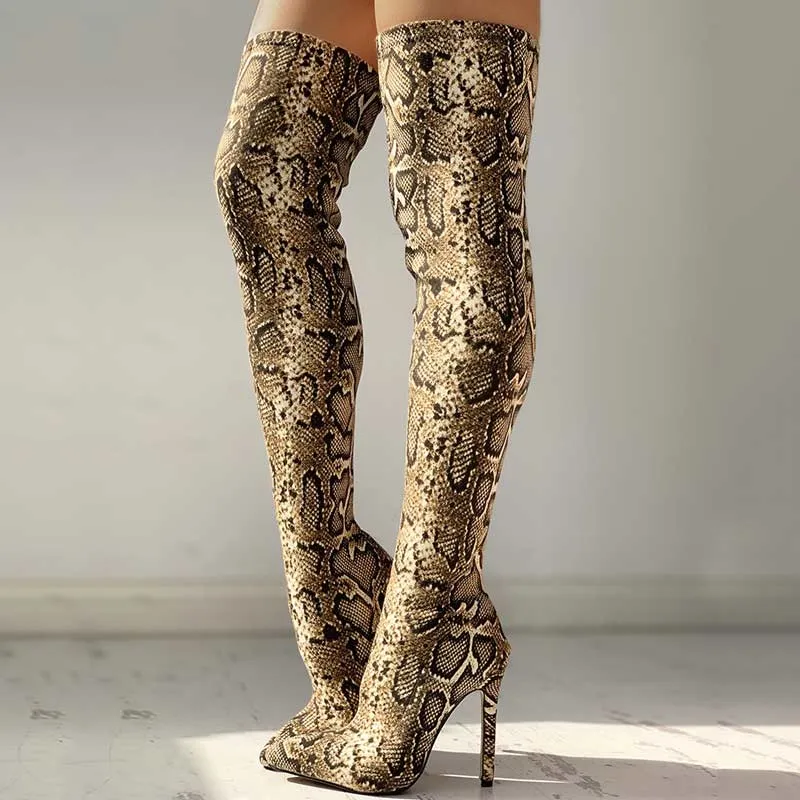 Snakeskin Print Thin Heeled Thigh High Boots