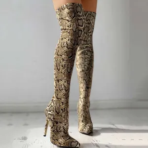 Snakeskin Print Thin Heeled Thigh High Boots