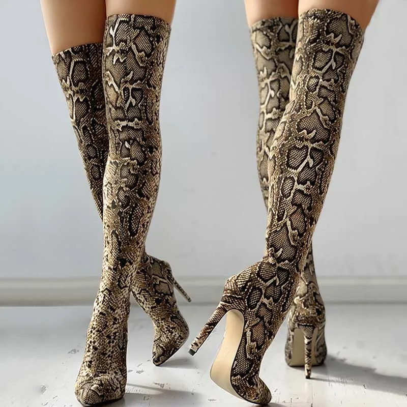 Snakeskin Print Thin Heeled Thigh High Boots