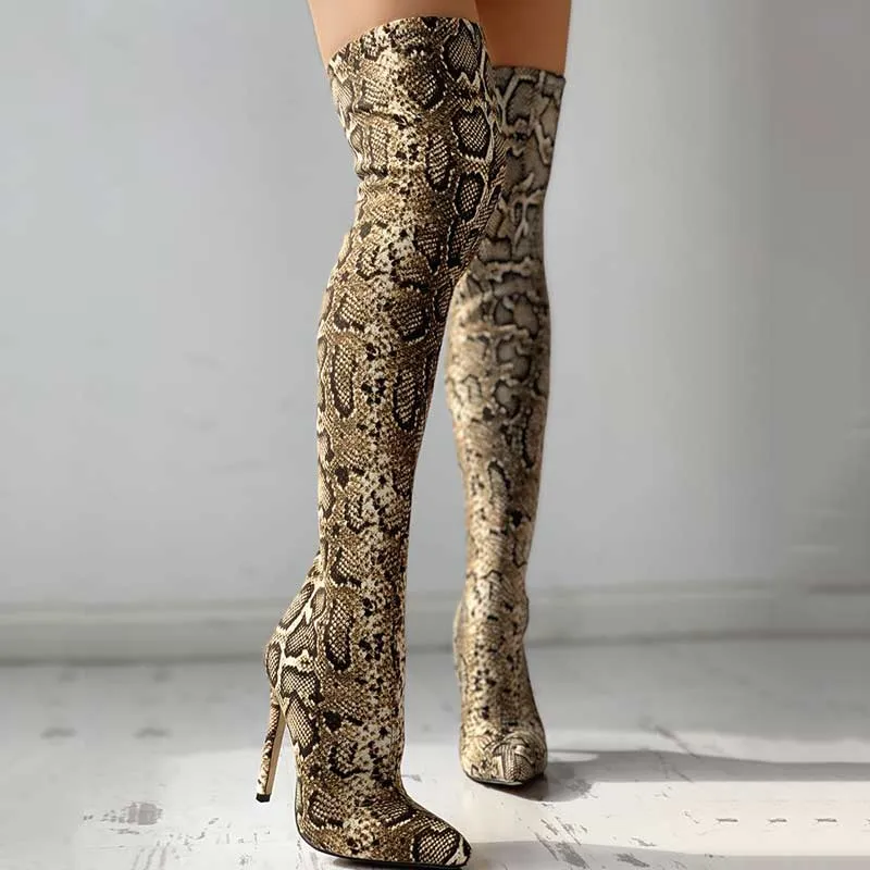 Snakeskin Print Thin Heeled Thigh High Boots
