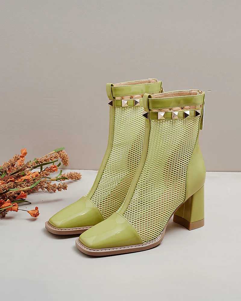 Solid Color Hollow Mesh Thick Heel Short Boots