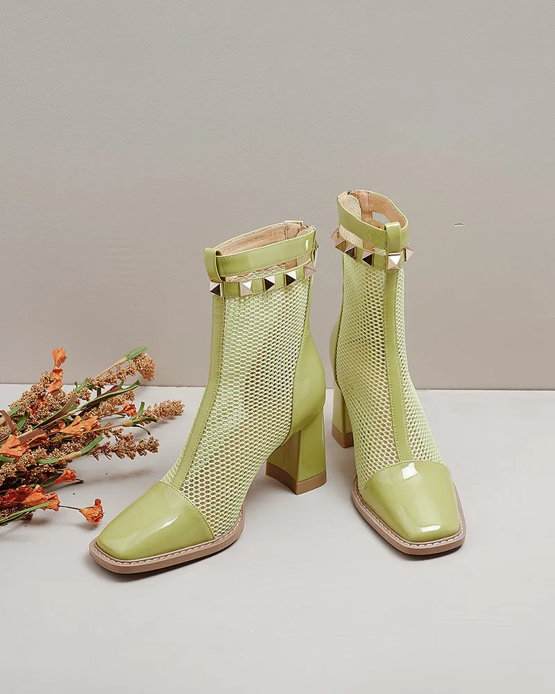Solid Color Hollow Mesh Thick Heel Short Boots