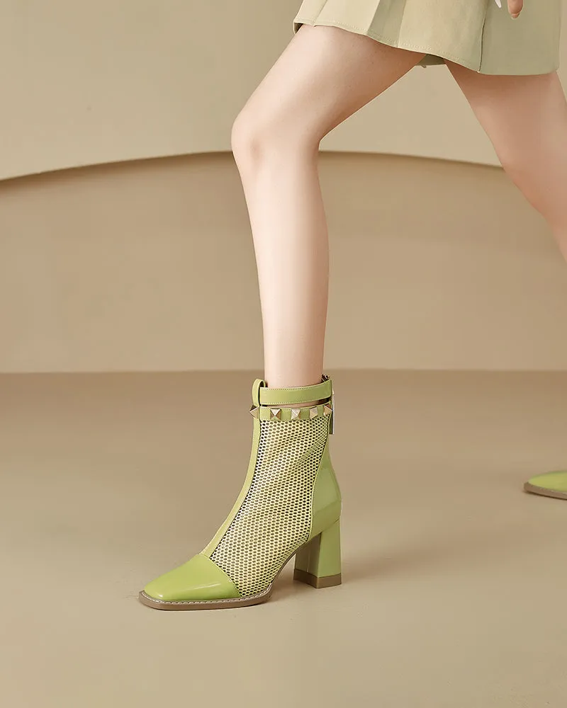 Solid Color Hollow Mesh Thick Heel Short Boots