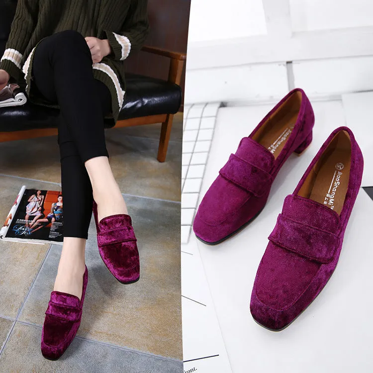 Spring and Summer Single Shoes Women's Suede Square Head Retro Women's Shoes with College Wind Single Shoes