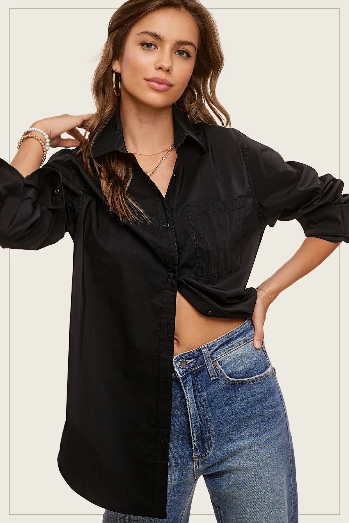 SRT7809-Oversized Button Down Basic Poplin Shirts