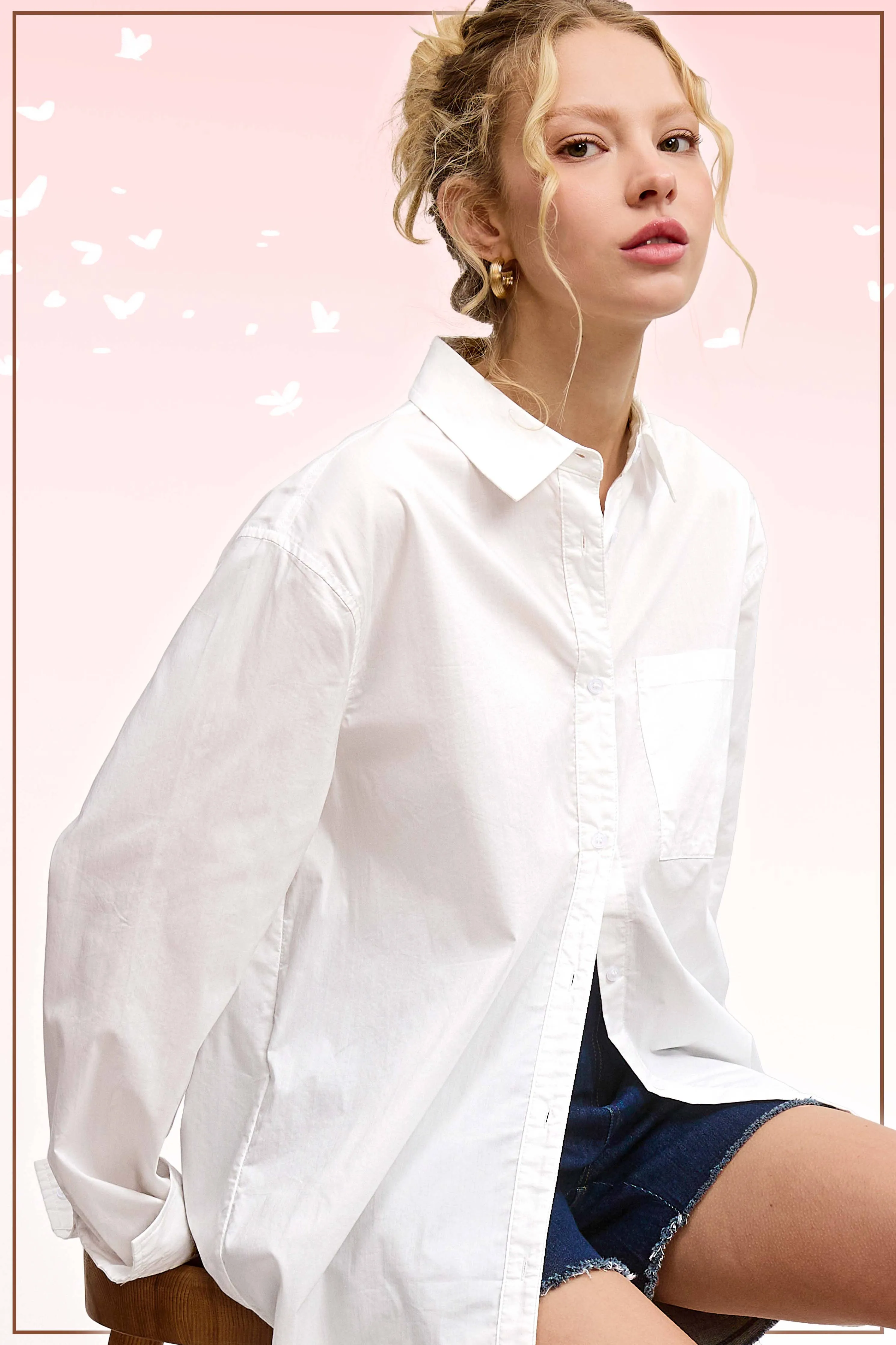 SRT7809-Oversized Button Down Basic Poplin Shirts
