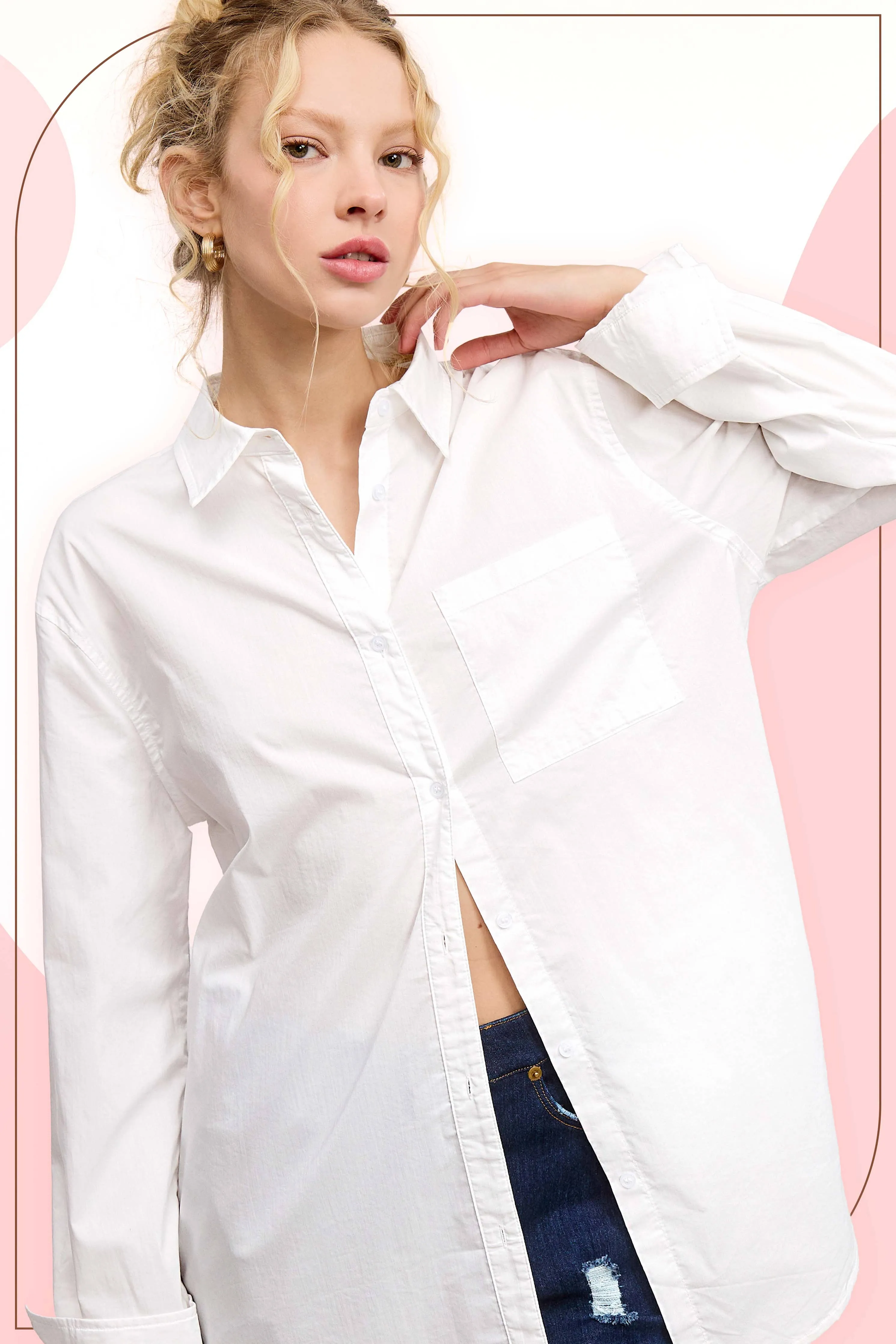 SRT7809-Oversized Button Down Basic Poplin Shirts