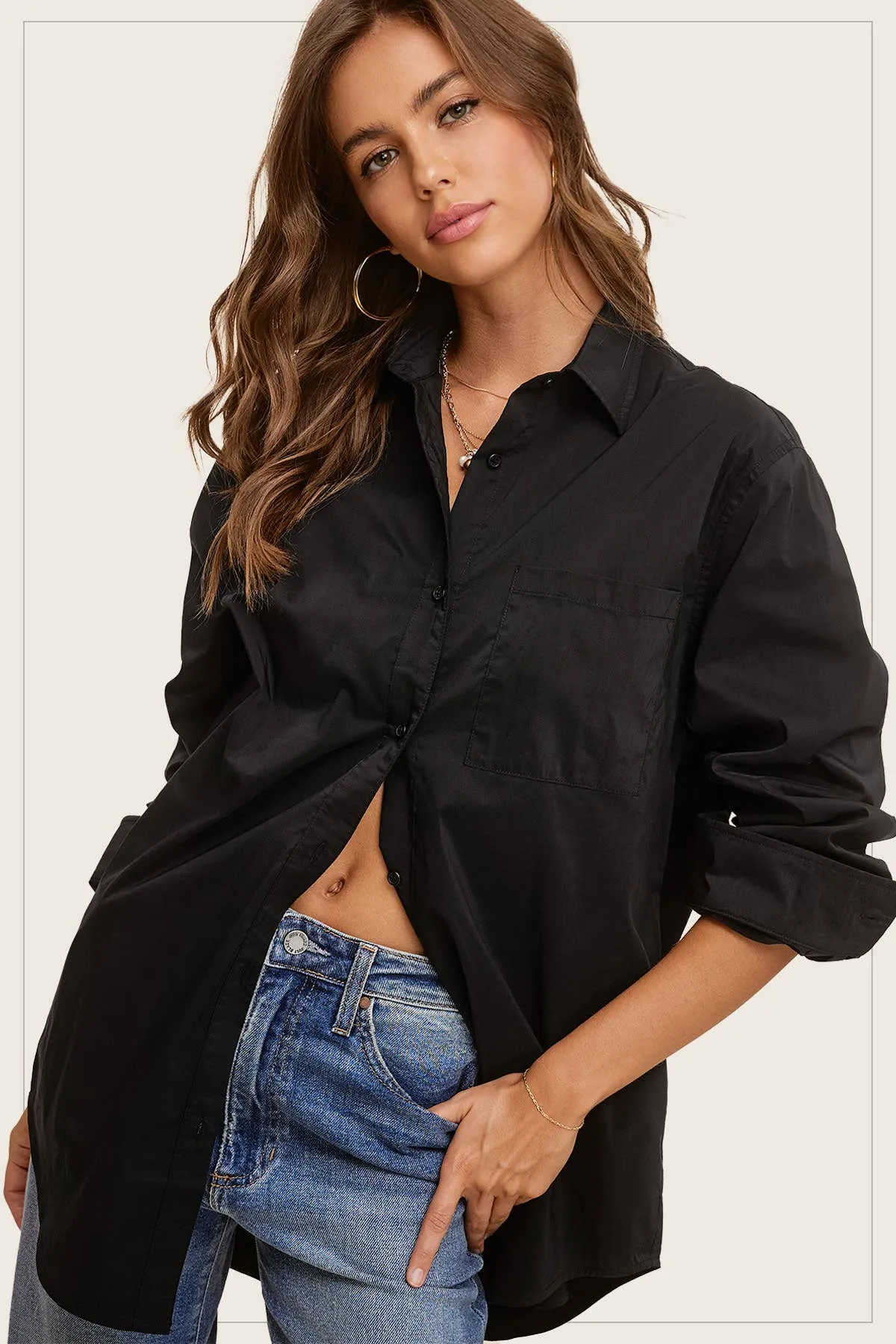 SRT7809-Oversized Button Down Basic Poplin Shirts