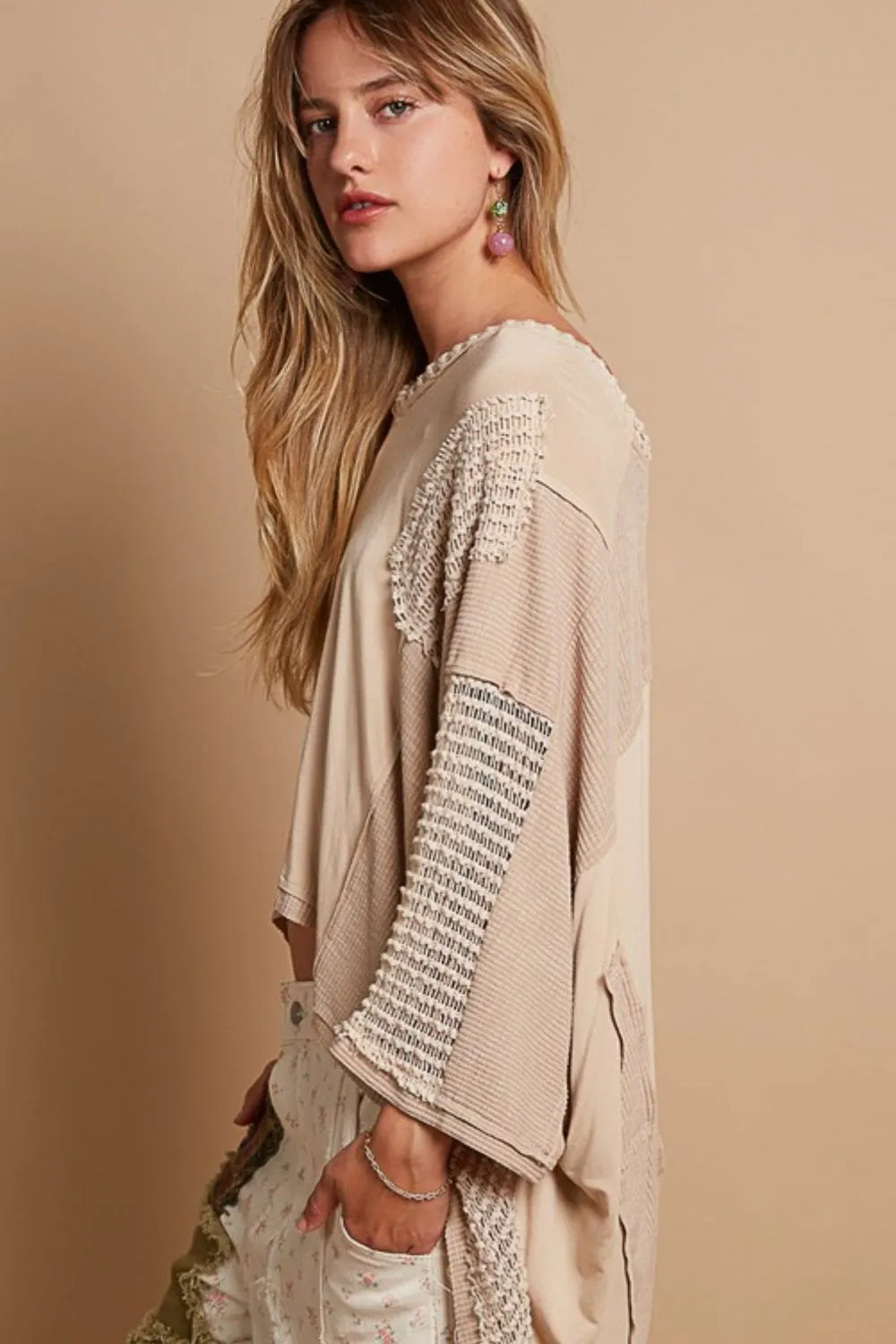 Tan High-Low Contrast V-Neck Top
