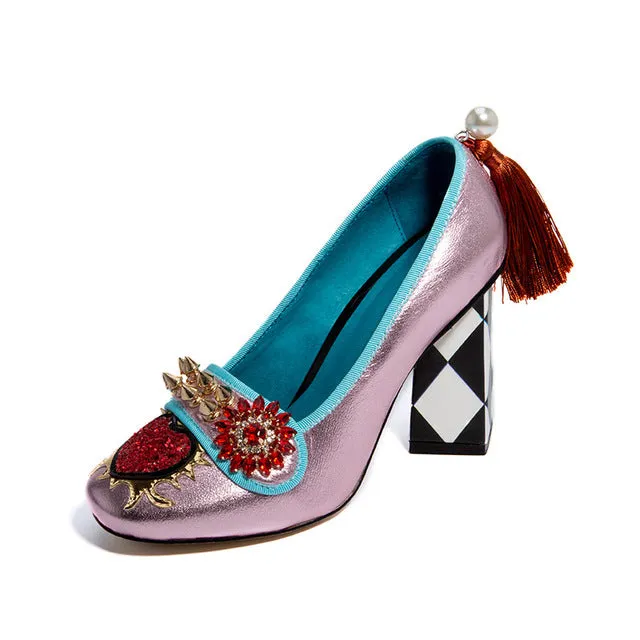 tassel women's shoes from genuine leather rivet woman heels 5.5cm & 8cm  crystal flower slip on pumps ladies