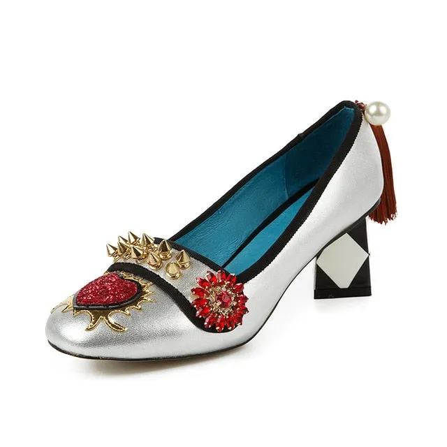 tassel women's shoes from genuine leather rivet woman heels 5.5cm & 8cm  crystal flower slip on pumps ladies