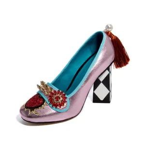 tassel women's shoes from genuine leather rivet woman heels 5.5cm & 8cm  crystal flower slip on pumps ladies