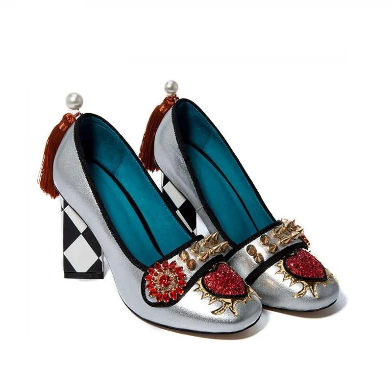 tassel women's shoes from genuine leather rivet woman heels 5.5cm & 8cm  crystal flower slip on pumps ladies