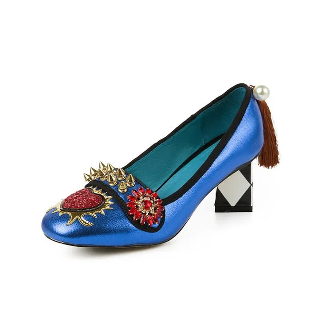 tassel women's shoes from genuine leather rivet woman heels 5.5cm & 8cm  crystal flower slip on pumps ladies