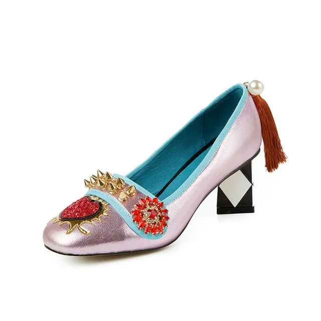 tassel women's shoes from genuine leather rivet woman heels 5.5cm & 8cm  crystal flower slip on pumps ladies