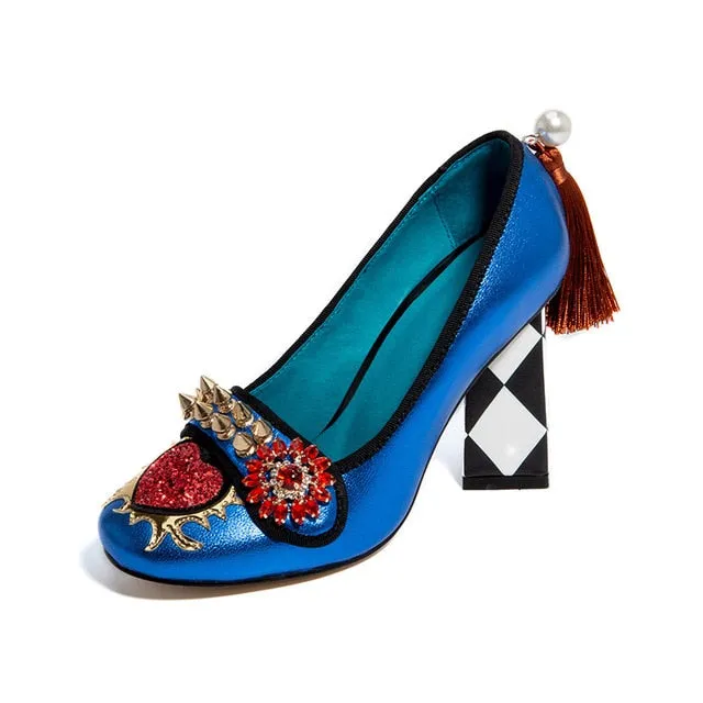tassel women's shoes from genuine leather rivet woman heels 5.5cm & 8cm  crystal flower slip on pumps ladies