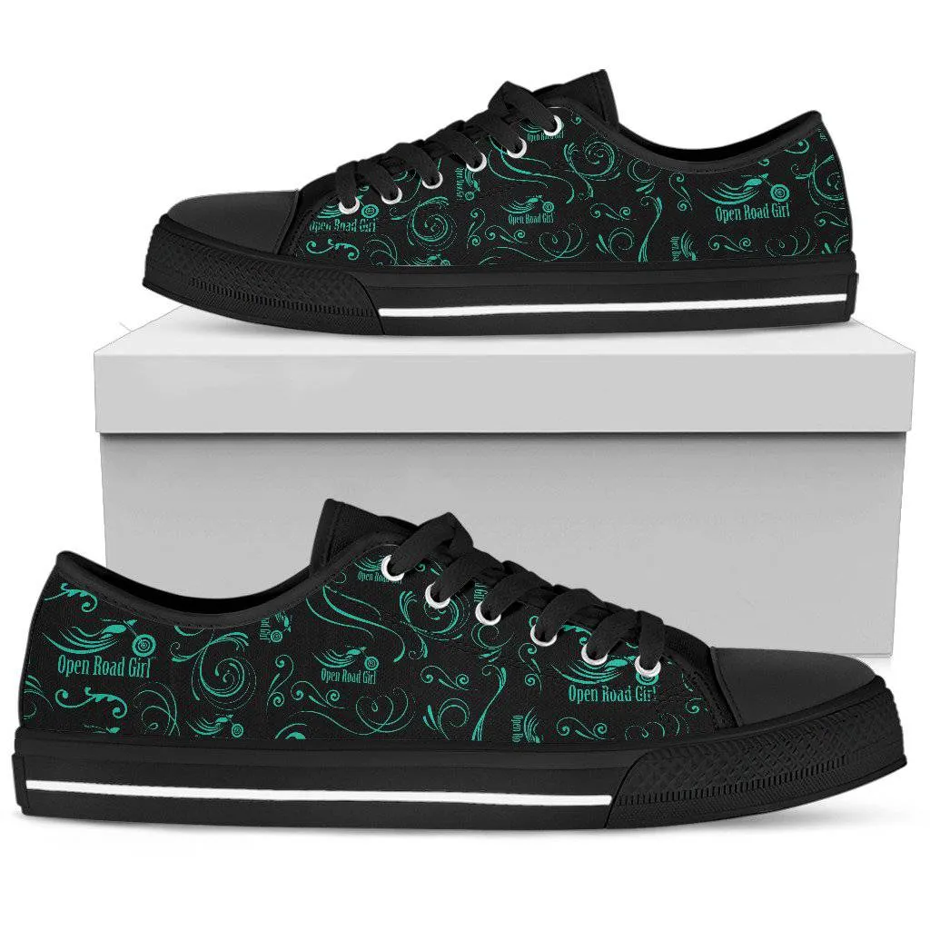 Teal Scatter Design Open Road Girl Black Sole Women's Low Top Custom Shoes