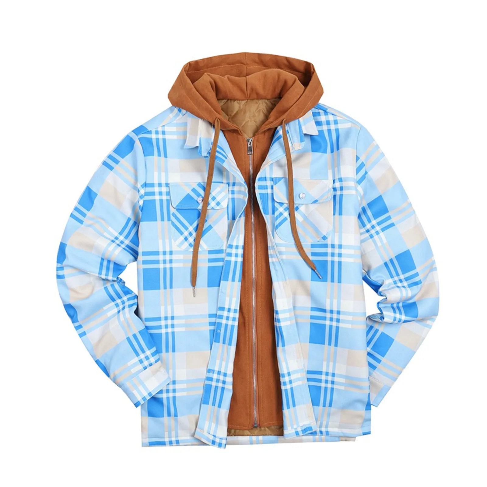 THICKEN PLAID HOODED FAKE TWO PIECES ZIPPER POCKET QUILTED JACKET