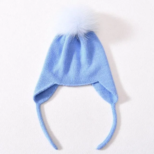 Unisex Wool Knitted Winter Hat with Real Raccoon Fur Pompom