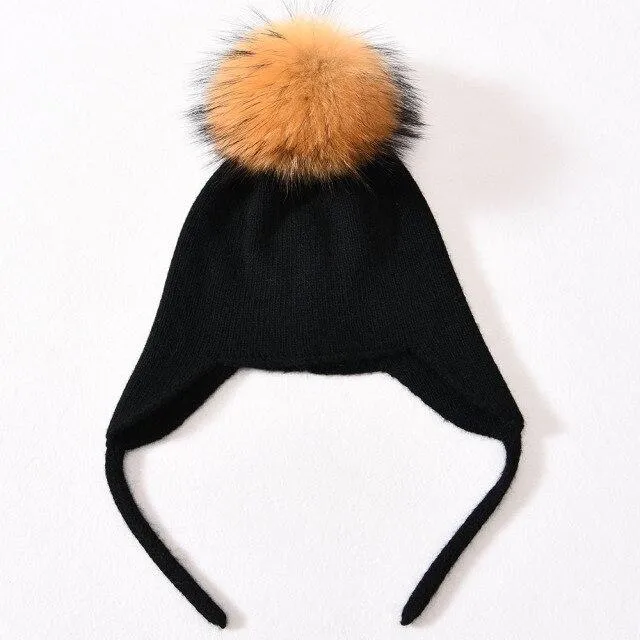 Unisex Wool Knitted Winter Hat with Real Raccoon Fur Pompom
