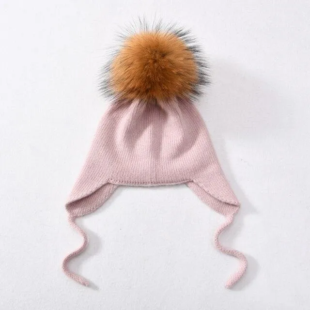 Unisex Wool Knitted Winter Hat with Real Raccoon Fur Pompom