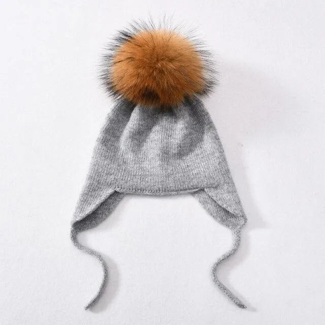 Unisex Wool Knitted Winter Hat with Real Raccoon Fur Pompom