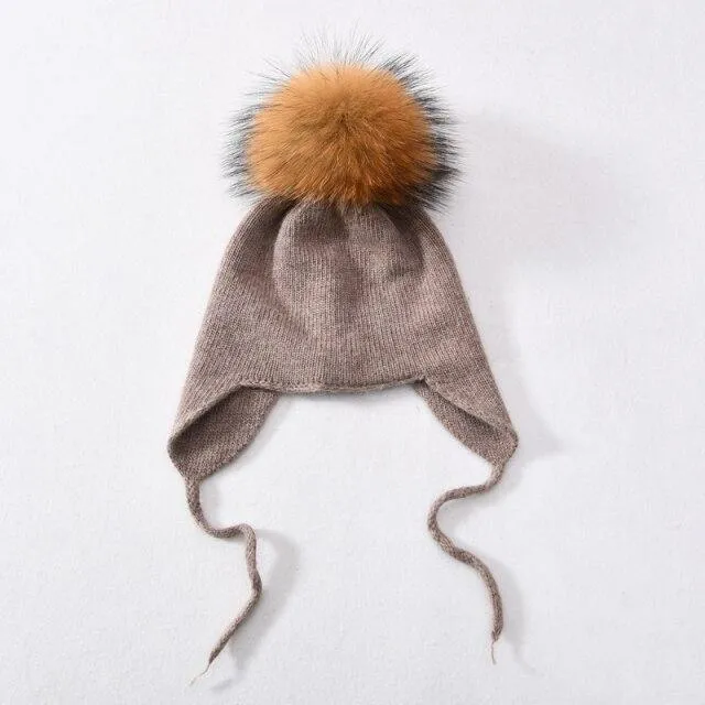 Unisex Wool Knitted Winter Hat with Real Raccoon Fur Pompom