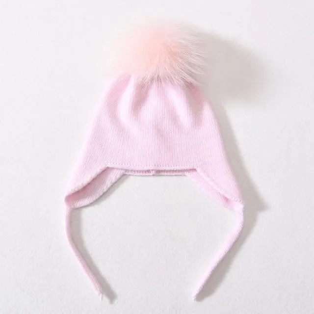 Unisex Wool Knitted Winter Hat with Real Raccoon Fur Pompom